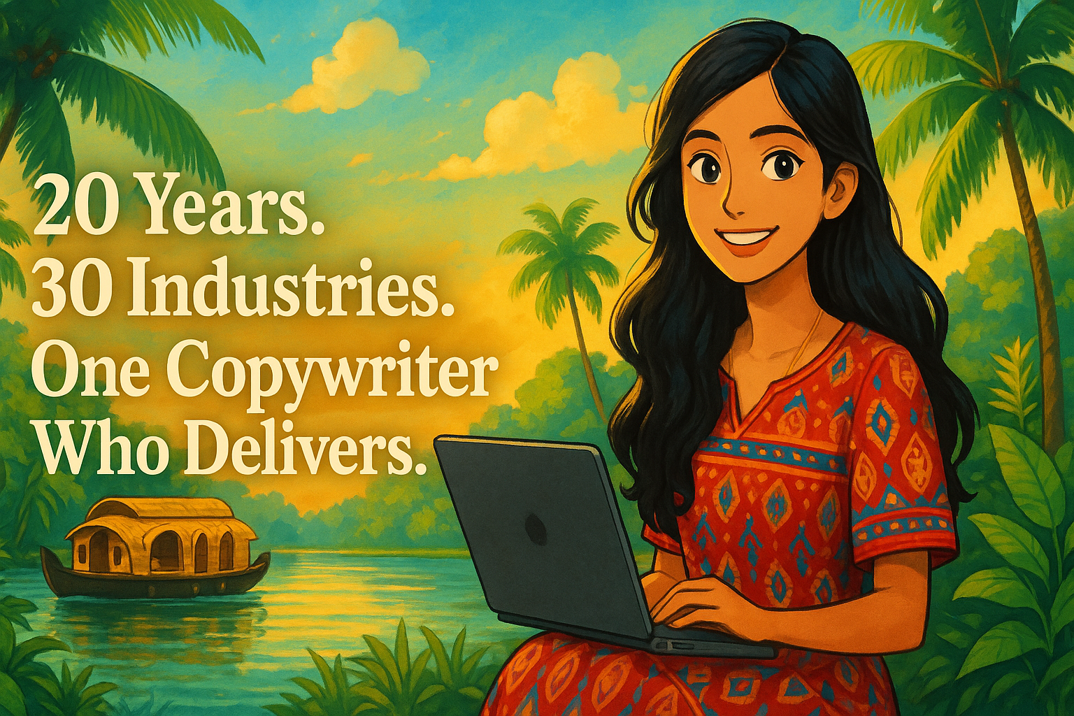 Experienced Indian freelance copywriter working on a laptop near Kerala backwaters with text overlay: 20 Years. 30 Industries. One Copywriter Who Delivers.