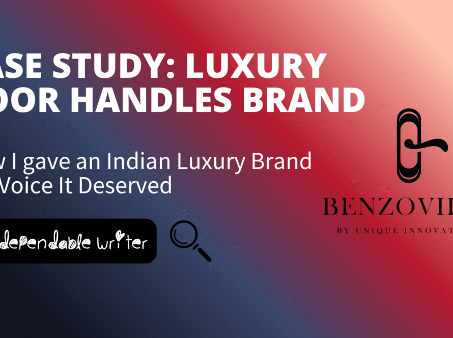 Experienced Indian freelance copywriter working on a laptop near Kerala backwaters with text overlay: 20 Years. 30 Industries. One Copywriter Who Delivers.